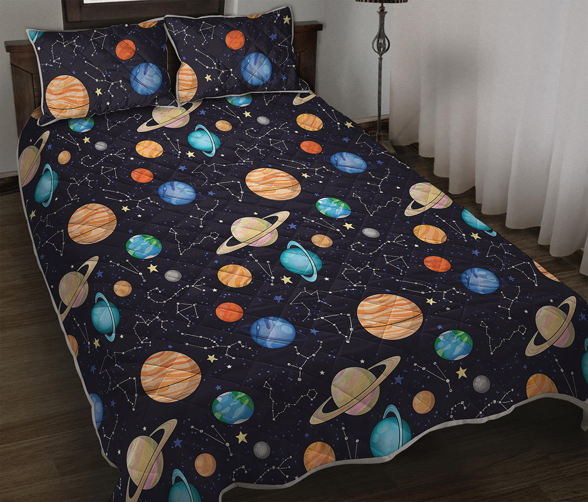 Constellations And Planets Pattern Print Quilt Bed Set