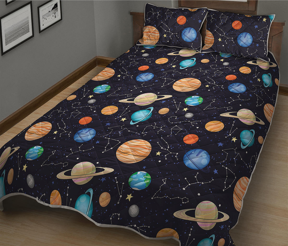 Constellations And Planets Pattern Print Quilt Bed Set