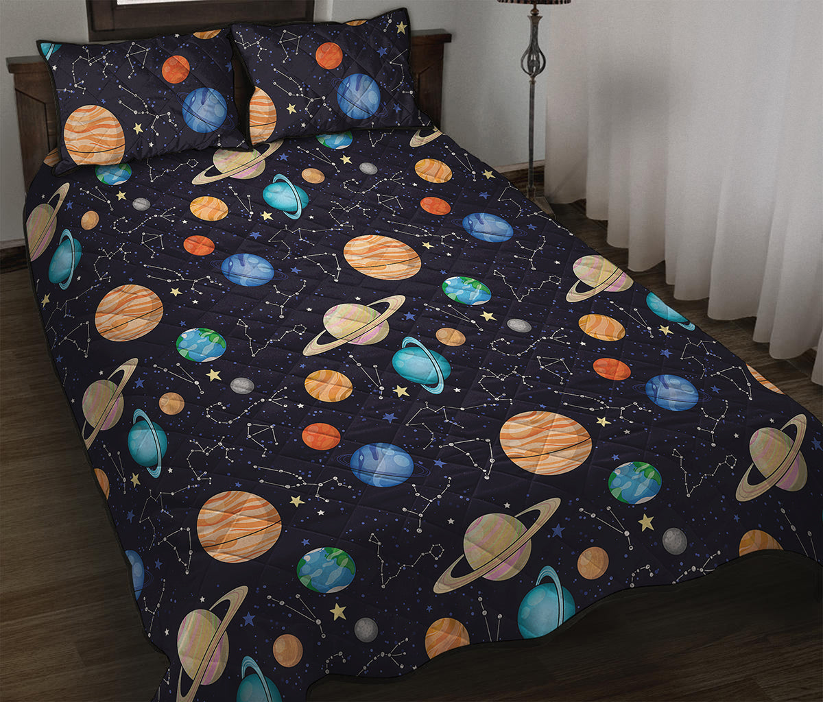 Constellations And Planets Pattern Print Quilt Bed Set
