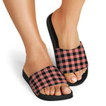 Coral Pink And Black Buffalo Check Print Black Slide Sandals