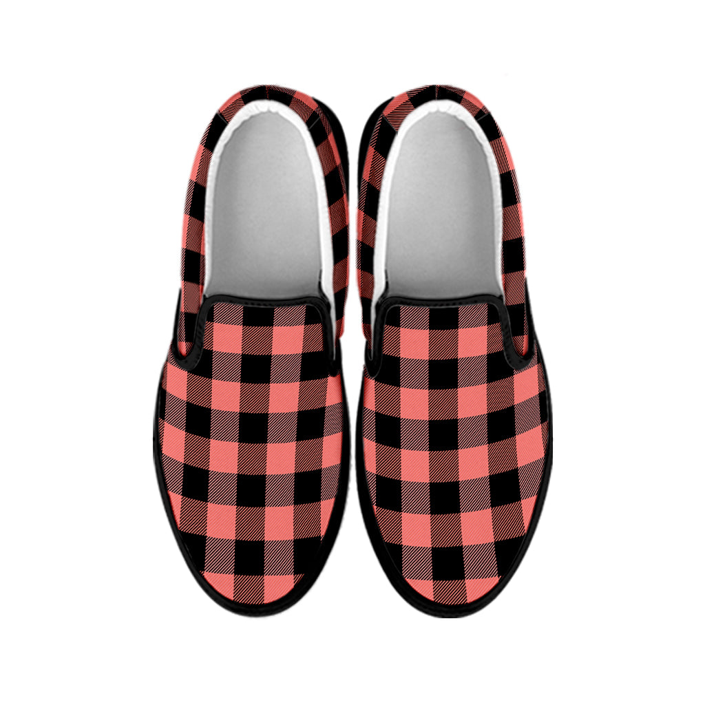 Coral Pink And Black Buffalo Check Print Black Slip On Shoes