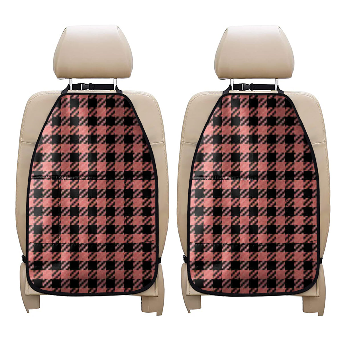 Coral Pink And Black Buffalo Check Print Car Seat Organizers