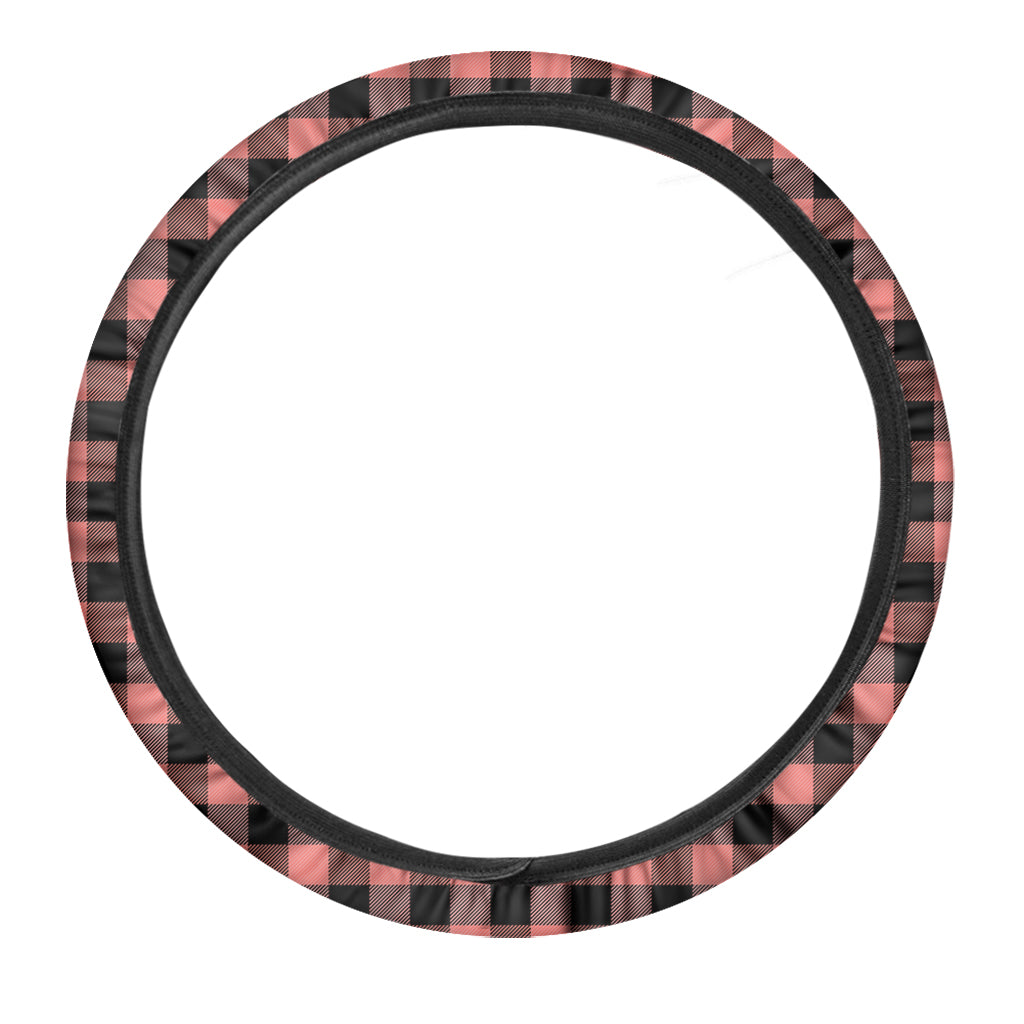 Coral Pink And Black Buffalo Check Print Car Steering Wheel Cover