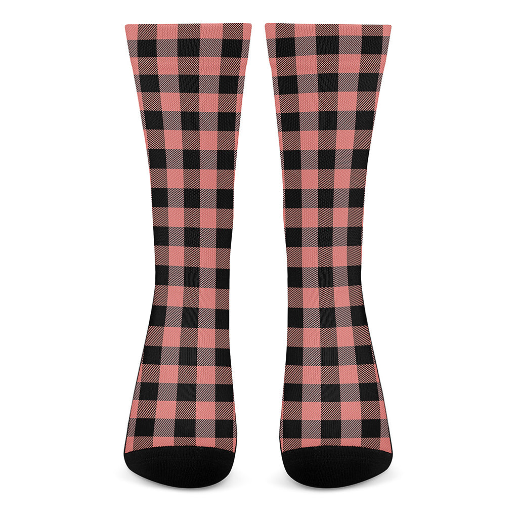 Coral Pink And Black Buffalo Check Print Crew Socks