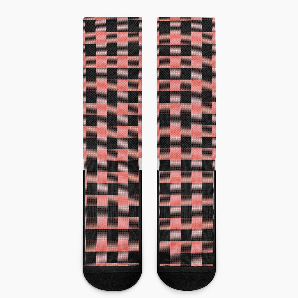 Coral Pink And Black Buffalo Check Print Crew Socks