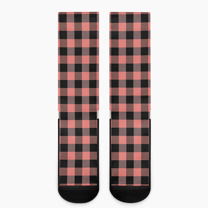 Coral Pink And Black Buffalo Check Print Crew Socks