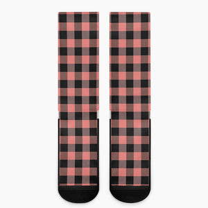 Coral Pink And Black Buffalo Check Print Crew Socks