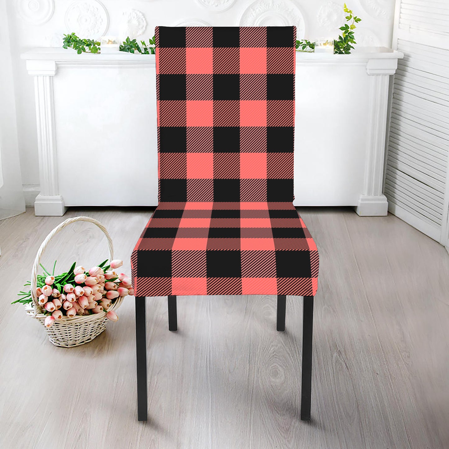 Coral Pink And Black Buffalo Check Print Dining Chair Slipcover