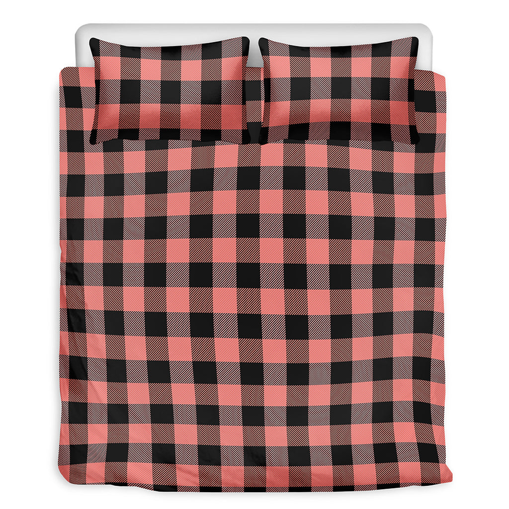 Coral Pink And Black Buffalo Check Print Duvet Cover Bedding Set