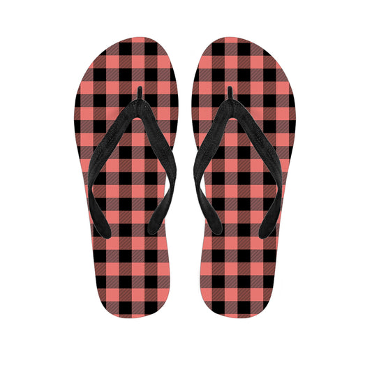 Coral Pink And Black Buffalo Check Print Flip Flops