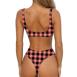 Coral Pink And Black Buffalo Check Print Front Bow Tie Bikini