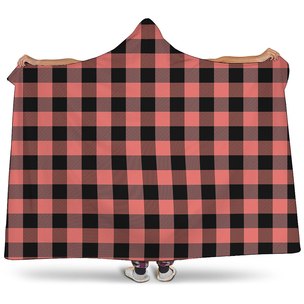 Coral Pink And Black Buffalo Check Print Hooded Blanket