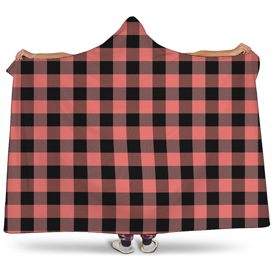 Coral Pink And Black Buffalo Check Print Hooded Blanket
