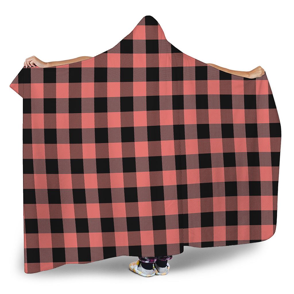 Coral Pink And Black Buffalo Check Print Hooded Blanket
