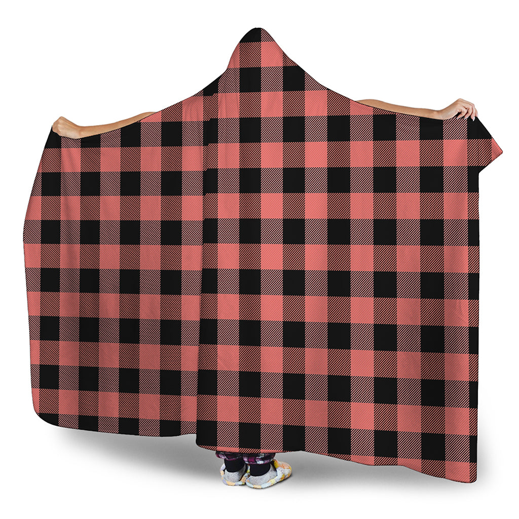 Coral Pink And Black Buffalo Check Print Hooded Blanket