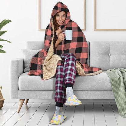 Coral Pink And Black Buffalo Check Print Hooded Blanket