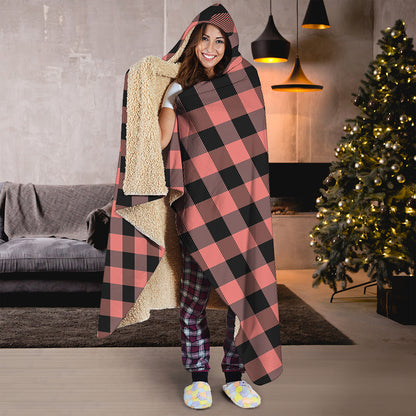 Coral Pink And Black Buffalo Check Print Hooded Blanket
