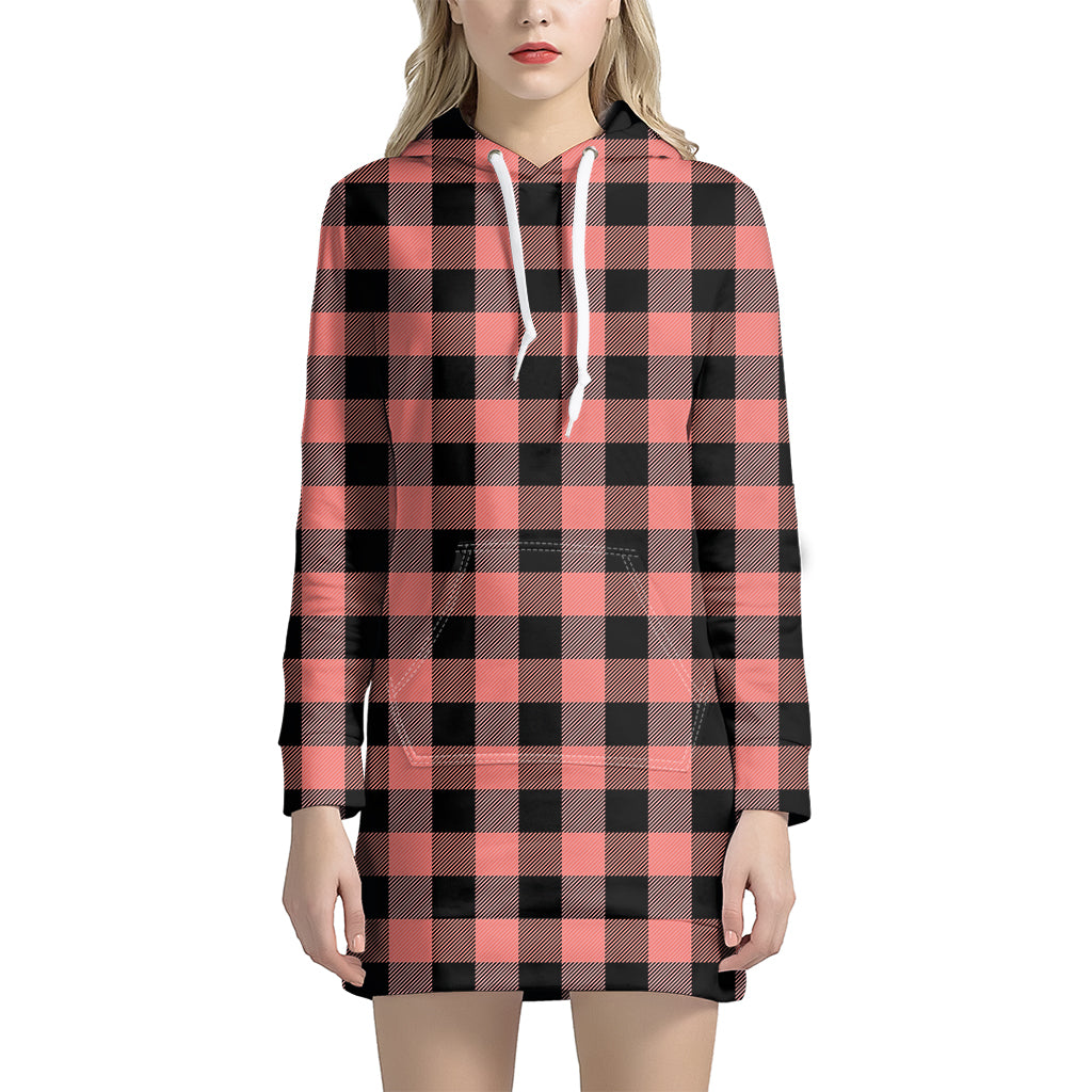 Coral Pink And Black Buffalo Check Print Hoodie Dress