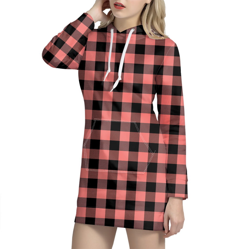 Coral Pink And Black Buffalo Check Print Hoodie Dress