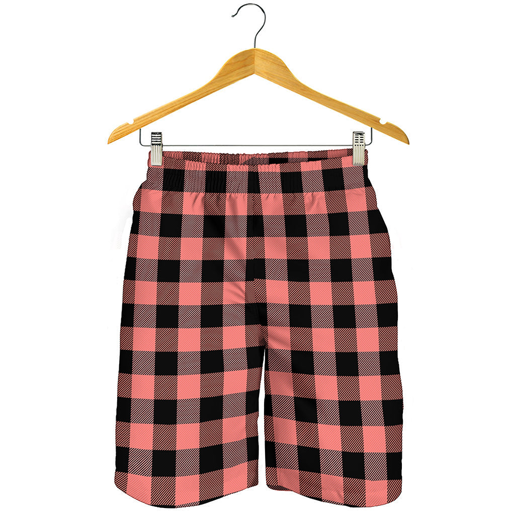 Coral Pink And Black Buffalo Check Print Men's Shorts