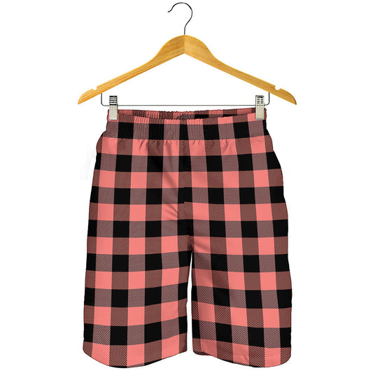 Coral Pink And Black Buffalo Check Print Men's Shorts