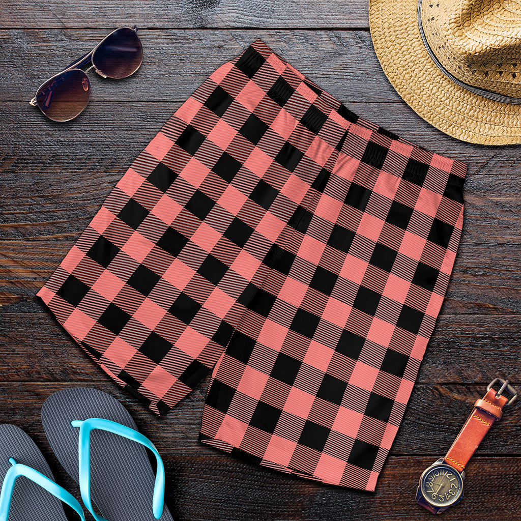 Coral Pink And Black Buffalo Check Print Men's Shorts