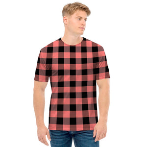 Coral Pink And Black Buffalo Check Print Men's T-Shirt