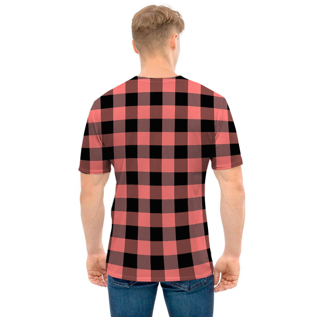 Coral Pink And Black Buffalo Check Print Men's T-Shirt