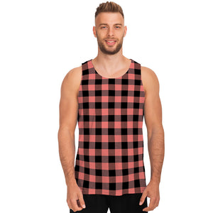 Coral Pink And Black Buffalo Check Print Men's Tank Top