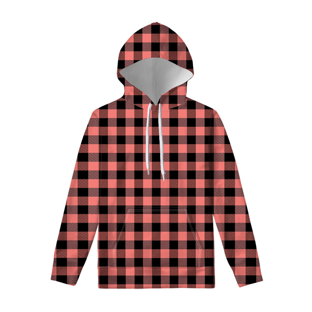 Coral Pink And Black Buffalo Check Print Pullover Hoodie