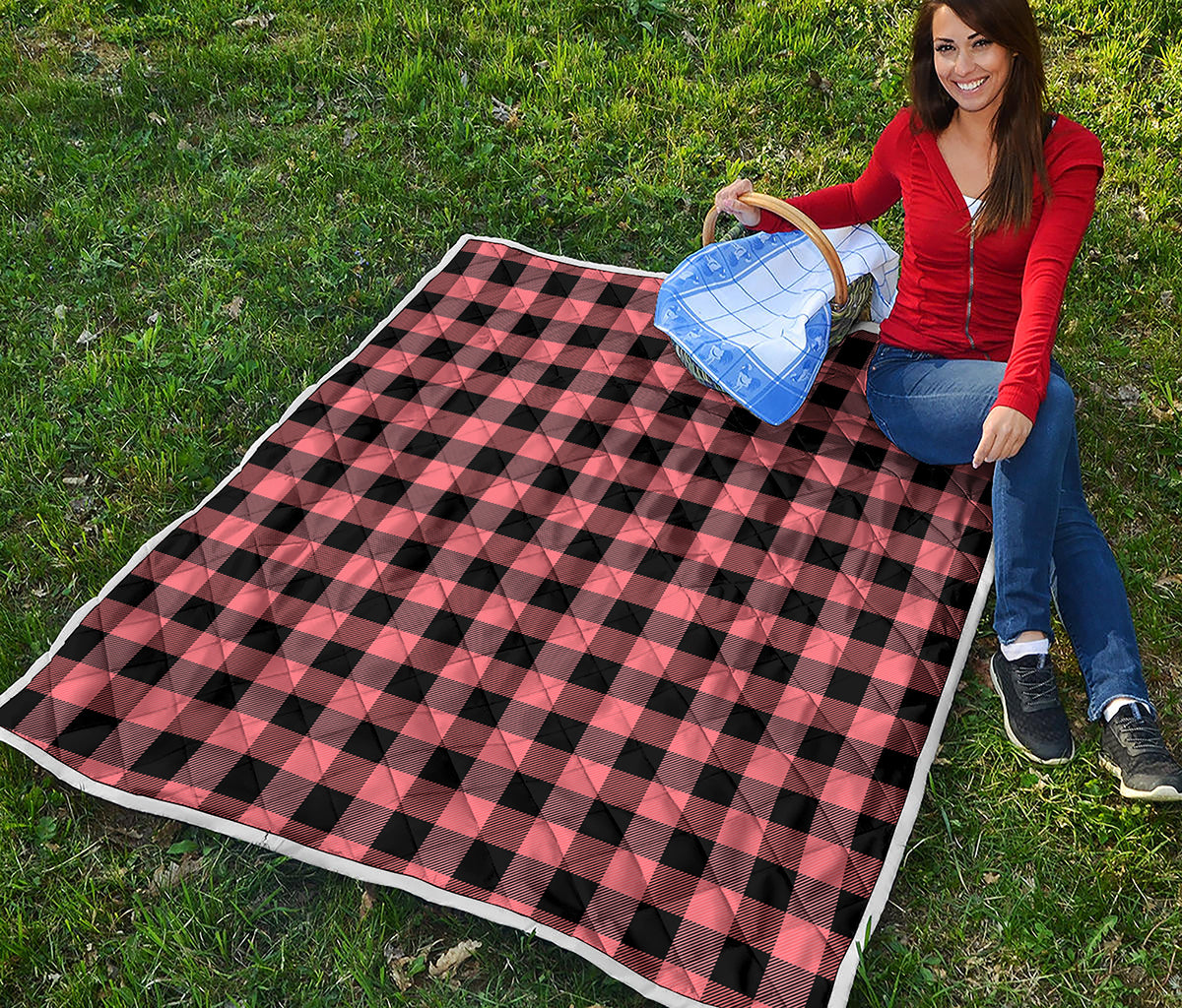 Coral Pink And Black Buffalo Check Print Quilt