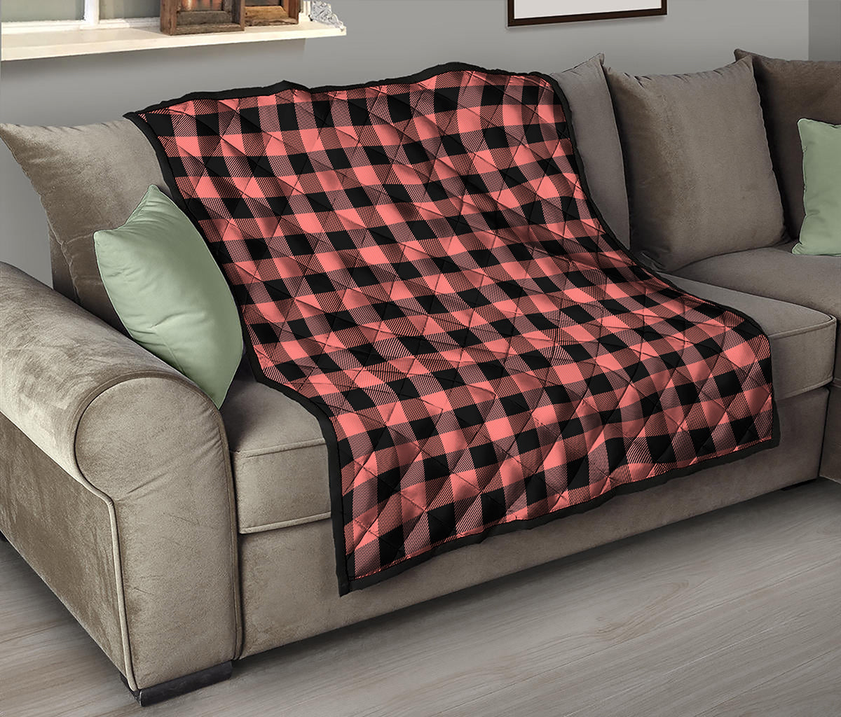 Coral Pink And Black Buffalo Check Print Quilt