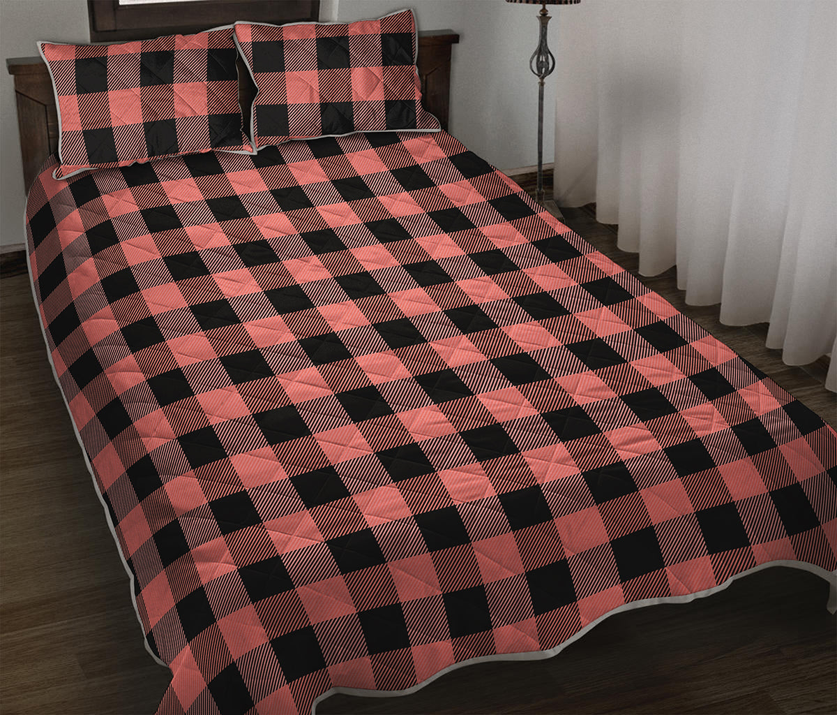 Coral Pink And Black Buffalo Check Print Quilt Bed Set