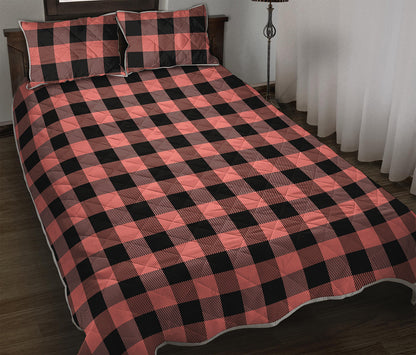 Coral Pink And Black Buffalo Check Print Quilt Bed Set