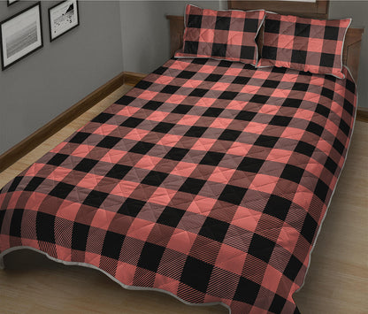 Coral Pink And Black Buffalo Check Print Quilt Bed Set