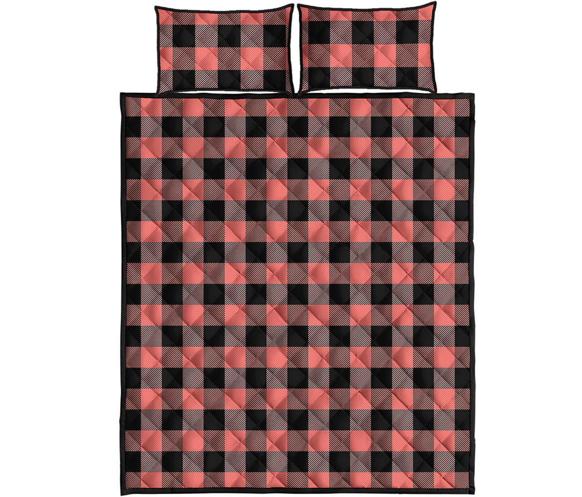 Coral Pink And Black Buffalo Check Print Quilt Bed Set