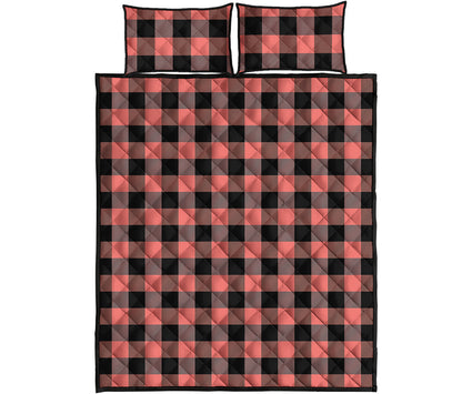 Coral Pink And Black Buffalo Check Print Quilt Bed Set