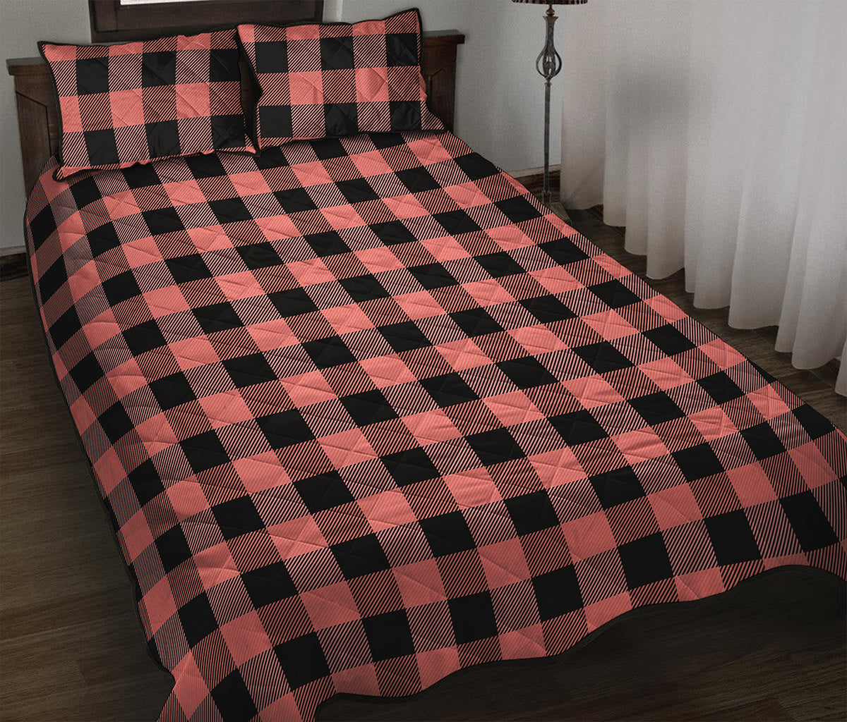 Coral Pink And Black Buffalo Check Print Quilt Bed Set