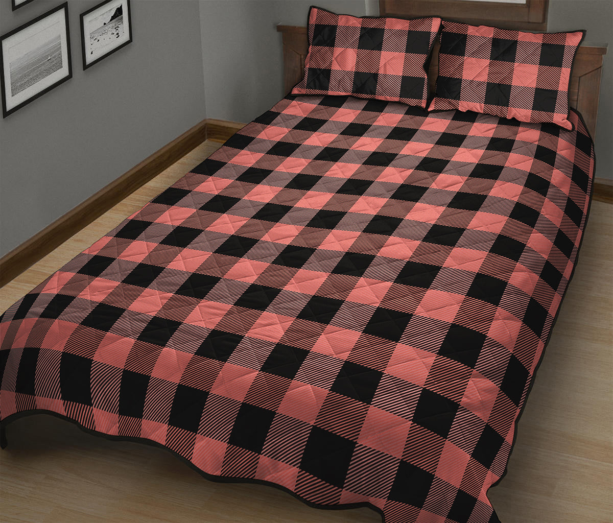 Coral Pink And Black Buffalo Check Print Quilt Bed Set