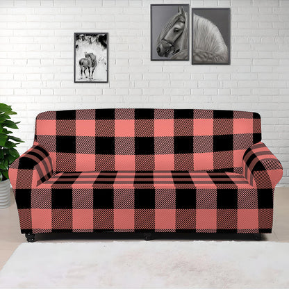 Coral Pink And Black Buffalo Check Print Sofa Cover