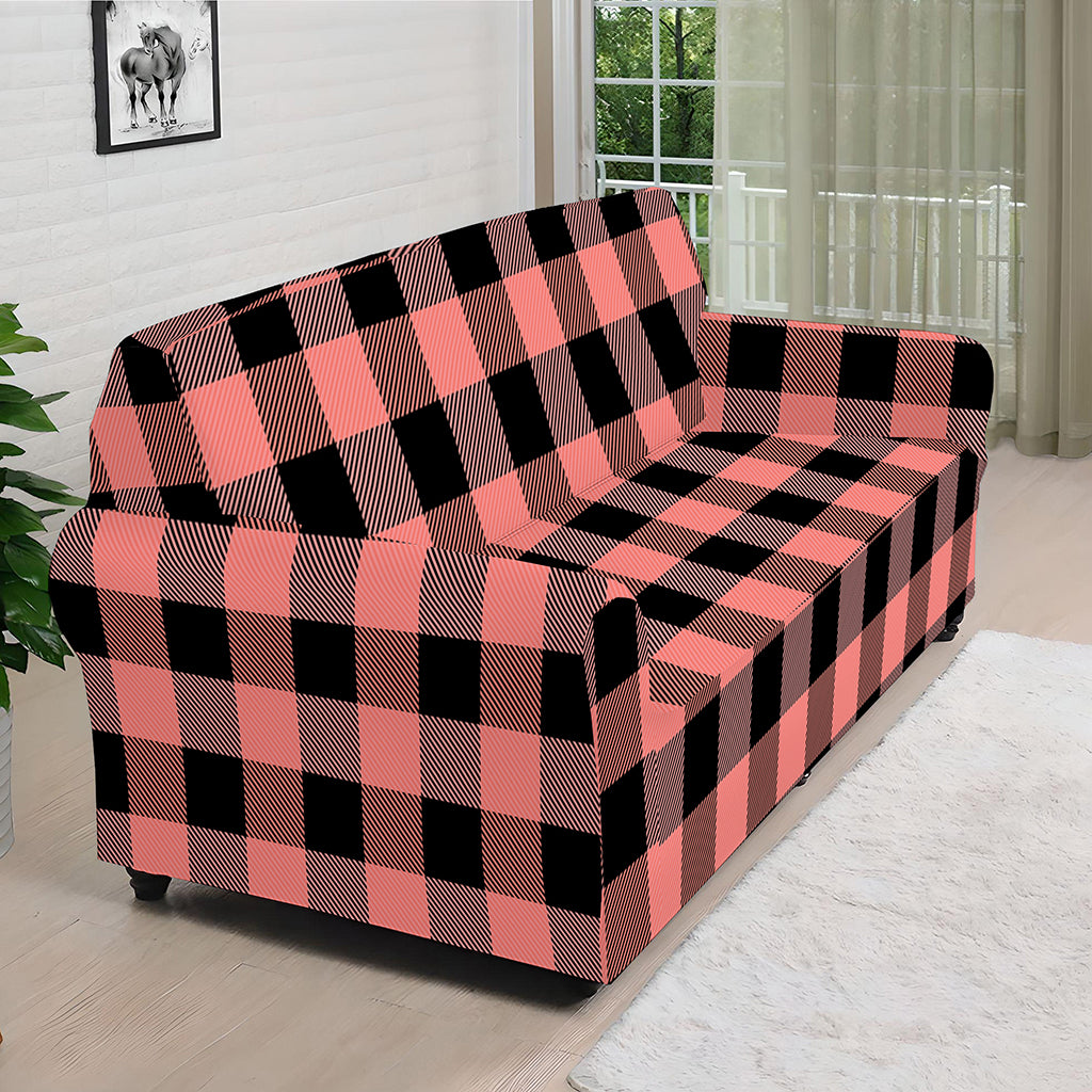 Coral Pink And Black Buffalo Check Print Sofa Cover