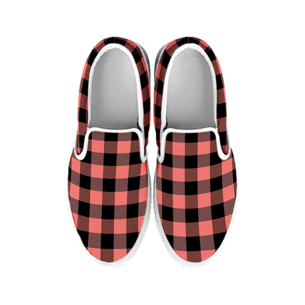 Coral Pink And Black Buffalo Check Print White Slip On Shoes