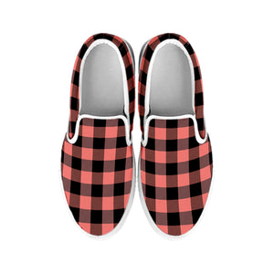 Coral Pink And Black Buffalo Check Print White Slip On Shoes