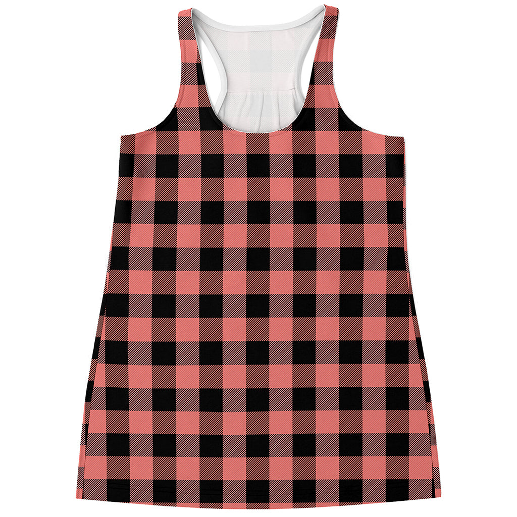 Coral Pink And Black Buffalo Check Print Women's Racerback Tank Top