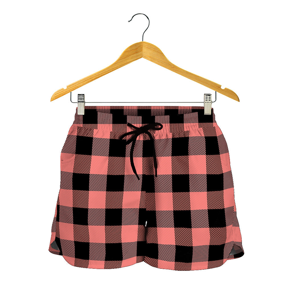 Coral Pink And Black Buffalo Check Print Women's Shorts