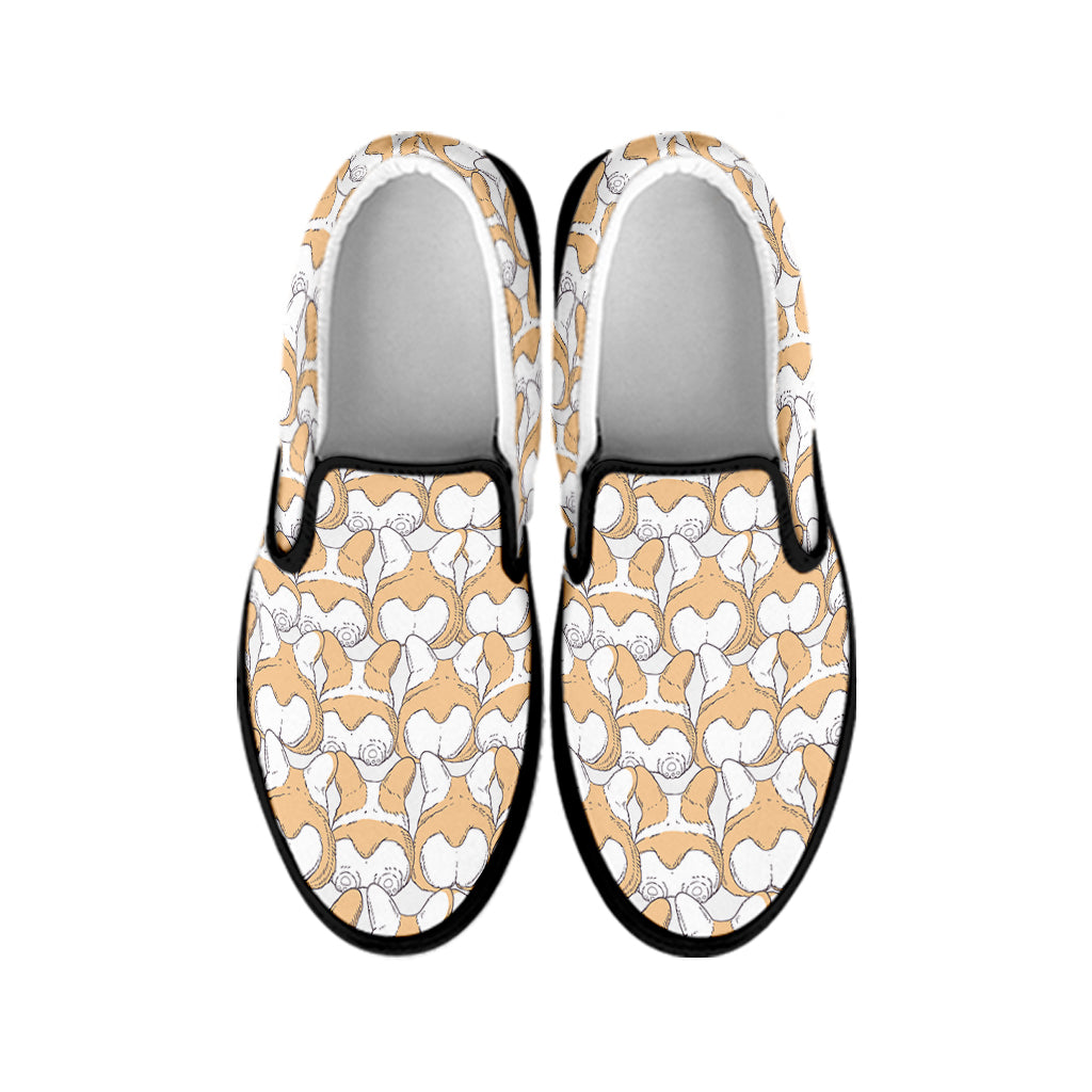 Corgi Butt Pattern Print Black Slip On Shoes
