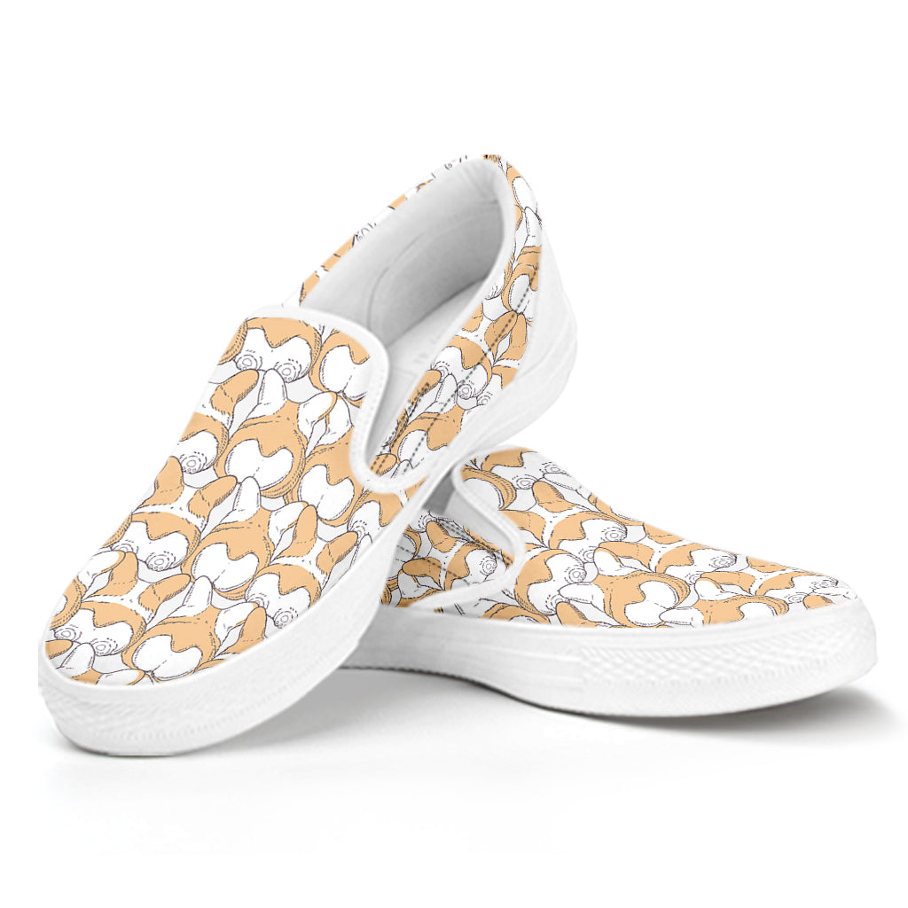 Corgi Butt Pattern Print White Slip On Shoes