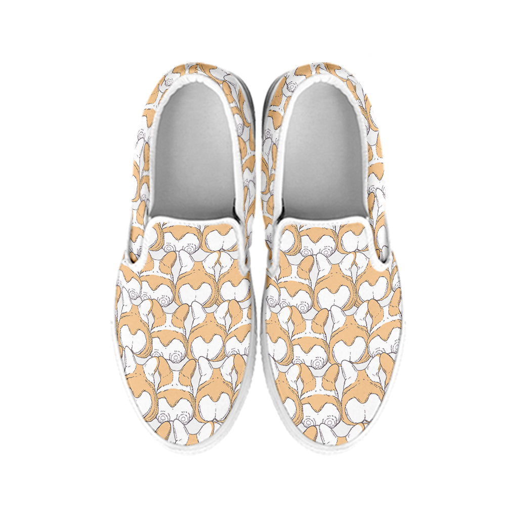 Corgi Butt Pattern Print White Slip On Shoes