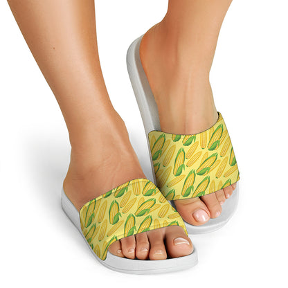 Corn Cob Pattern Print White Slide Sandals