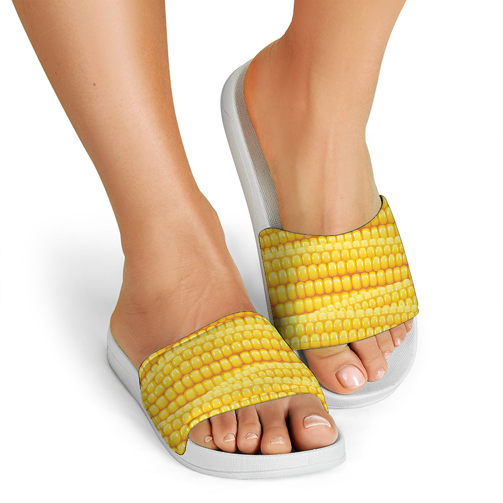 Corn Pattern Print White Slide Sandals